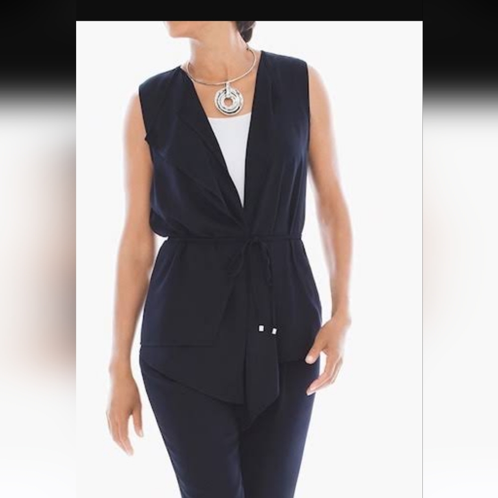 Chico's Blackened Navy Scalloped Draped Vest Tie Waist Size 1 Medium